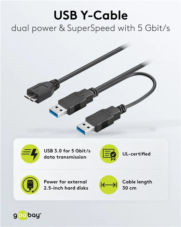 2in1-Kabel USB Micro-B auf 2x USB-A, 0,3 m, schwarz