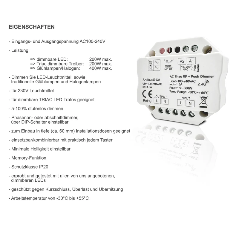 LED Dimmer 1-200 W 230V Universal Tast Dimmer Unterputz Dose 60mm stufenlos
