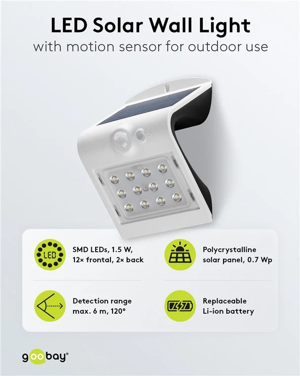 LED-Solar-Wandleuchte mit Bewegungsmelder, 1,5 W, weiß