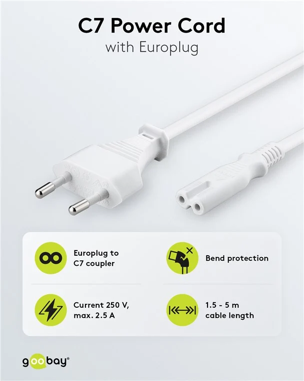 Anschlusskabel mit Eurostecker, 5 m, weiß, (2*0,75 mm²)