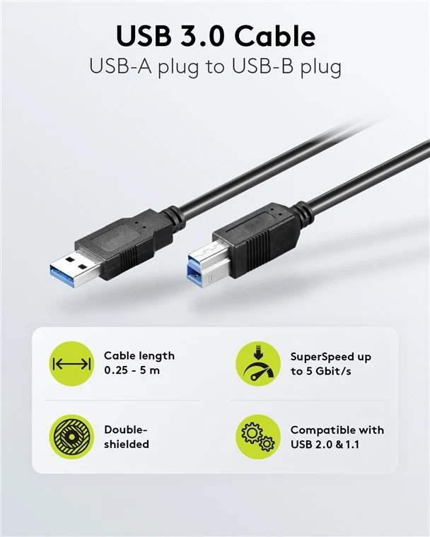 USB-A-auf-USB-B-Kabel, 3 m, schwarz