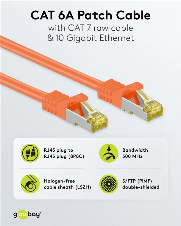 RJ45 Patchkabel CAT 6A S/FTP (PiMF), 500 MHz mit CAT 7 Rohkabel, orange