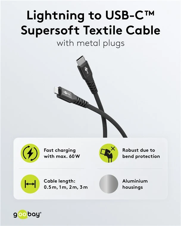 Lightning auf USB-C™ Supersoftes Textilkabel mit Metallsteckern, 1 m