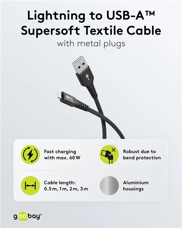 Lightning auf USB-A Supersoftes Textilkabel mit Metallsteckern, 3 m
