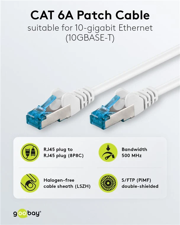 CAT 6A Patchkabel, S/FTP (PiMF), 1 m, weiß, 5er-Set