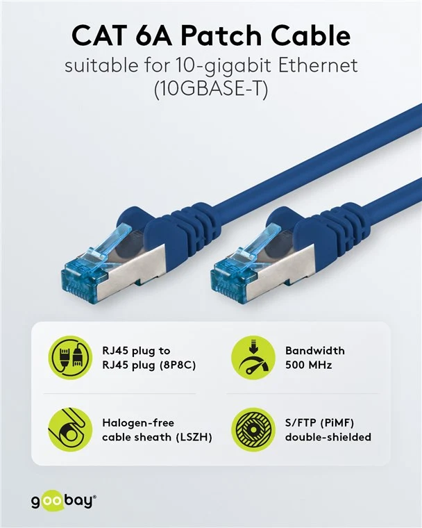CAT 6A Patchkabel, S/FTP (PiMF), 5 m, blau, 5er-Set