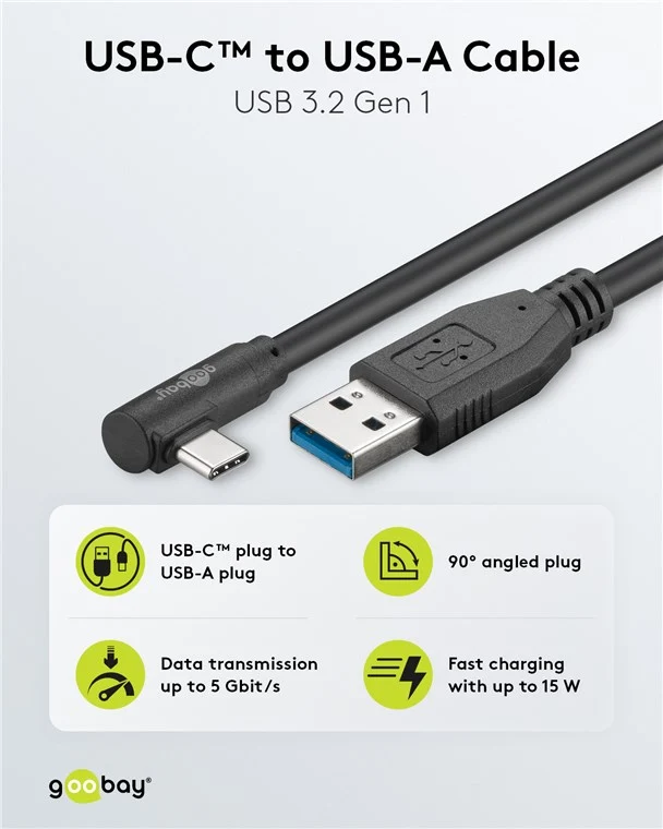 USB-C™-auf-USB-A-Kabel 90°, 0,5 m, schwarz