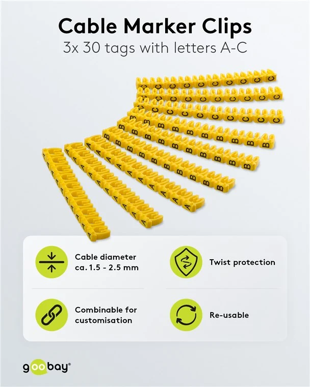 Kabelmarker-Clips "Buchstaben A-C", für Kabeldurchmesser von 2,8 - 4,6 mm