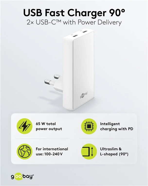 USB-C™ PD GaN Dual-Schnellladegerät 90° Flat (65 W) weiß