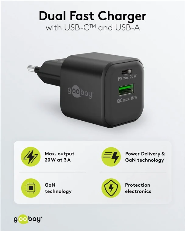 USB-C™ PD GaN Dual-Schnellladegerät Nano (20 W) schwarz