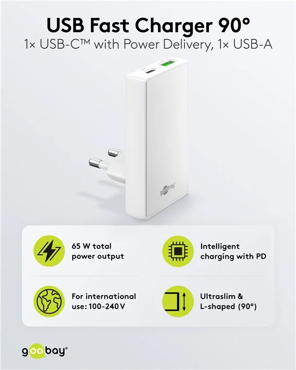 USB-C™ PD GaN Dual-Schnellladegerät 90° Flat (65 W) weiß