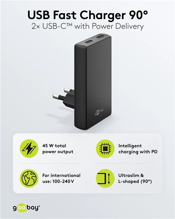 USB-C™ PD GaN Dual-Schnellladegerät 90° Flat (45 W) schwarz