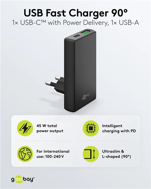 USB-C™ PD GaN Dual-Schnellladegerät 90° Flat (45 W) schwarz