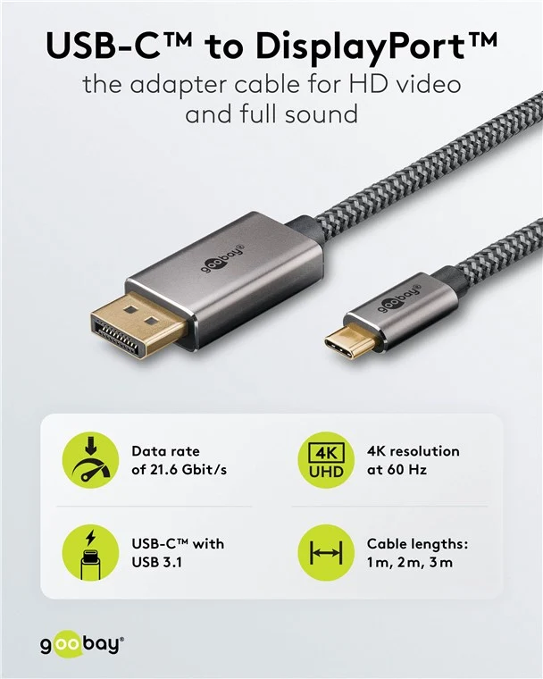 USB-C™-auf-DisplayPort™-Kabel, 3 m, schwarz;silber