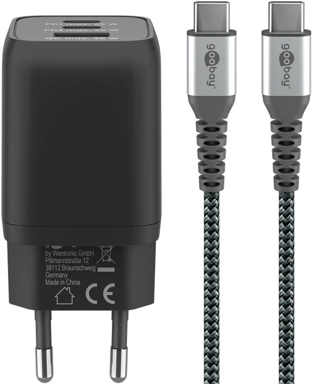 Set aus USB-C™-Schnellladegerät Nano (65 W) und USB-C™-Textilkabel (1 m)