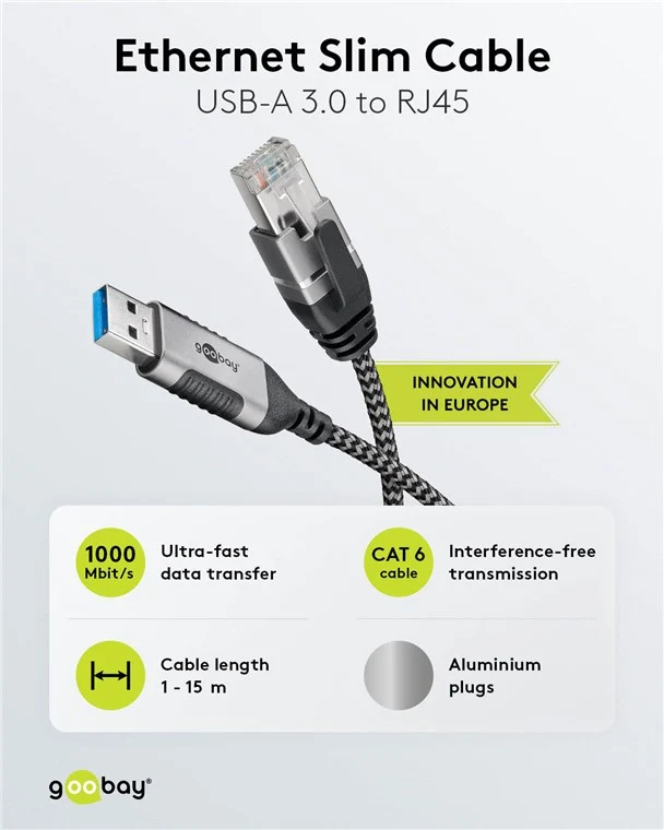 Ethernet-Kabel USB-A 3.0 auf RJ45, Slim, 1 m