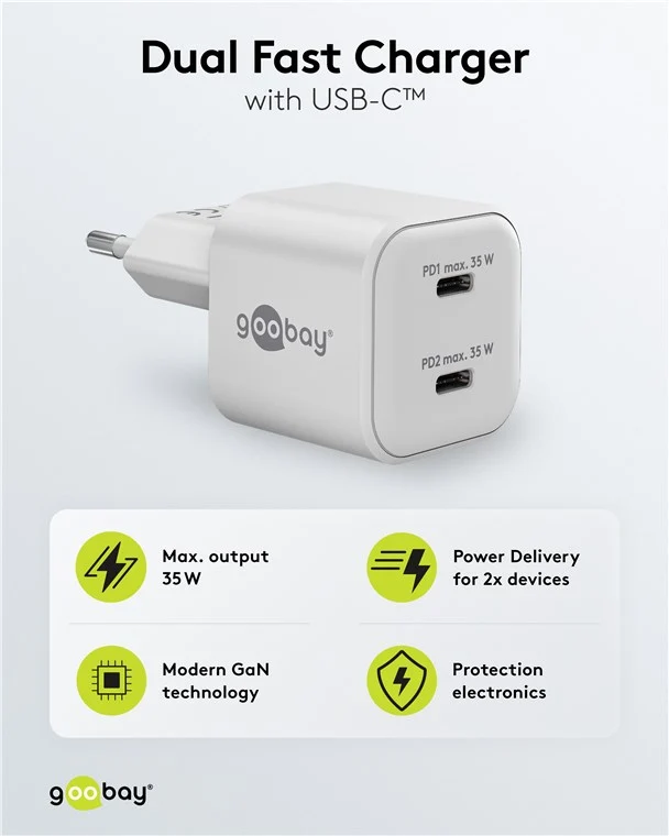 USB-C™ PD GaN Dual-Schnellladegerät Nano (35 W) weiß