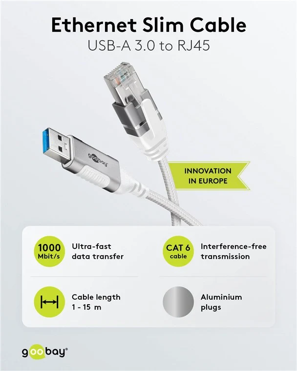 Ethernet-Kabel USB-A 3.0 auf RJ45, Slim, 3 m