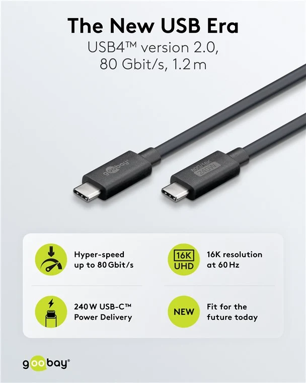 USB-C™-Kabel zertifiziert, USB4™ Version 2.0, 1,2 m, schwarz