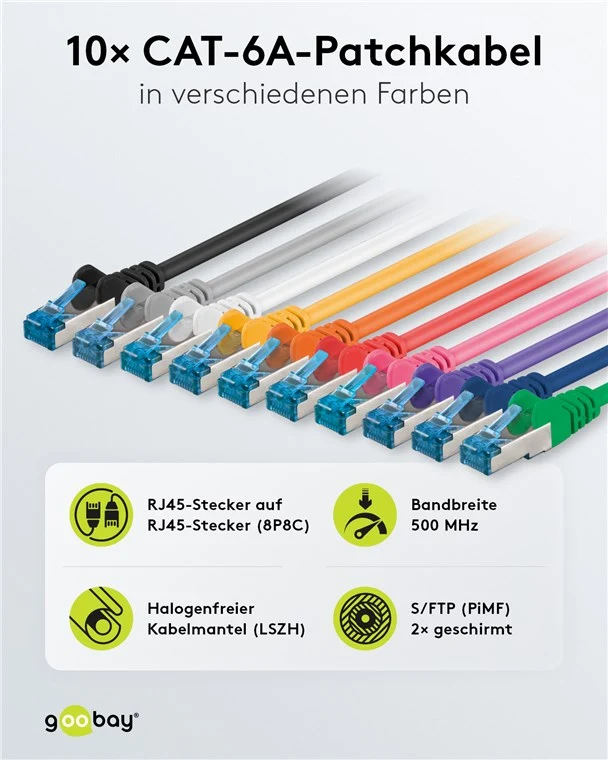 CAT 6A Patchkabel, S/FTP (PiMF), 5 m, Set in 10 Farben