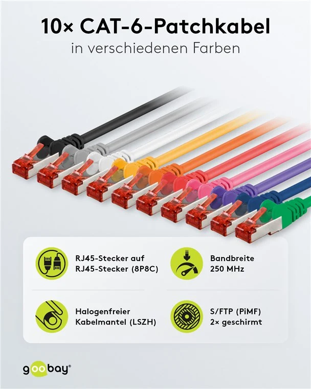 CAT 6 Patchkabel, S/FTP (PiMF), 2 m, Set in 10 Farben