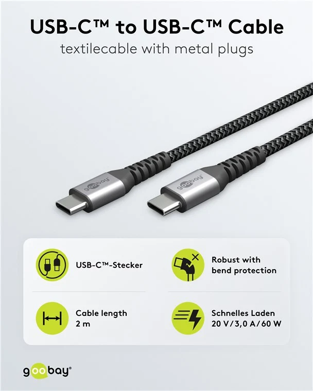 USB-C™-auf-USB-C™-Textilkabel mit Metallsteckern (spacegrau/silber), 2 m