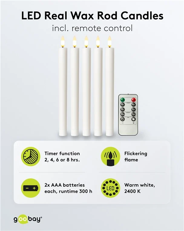 5er-Set weiße LED-Echtwachs-Stabkerzen, inkl. Fernbedienung und 10x AAA (LR03)