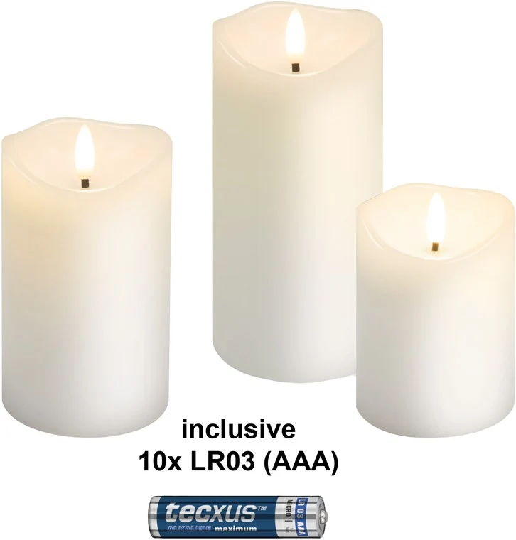 3er-Set LED-Echtwachskerzen, weiß, inkl. 10x AAA (LR03)