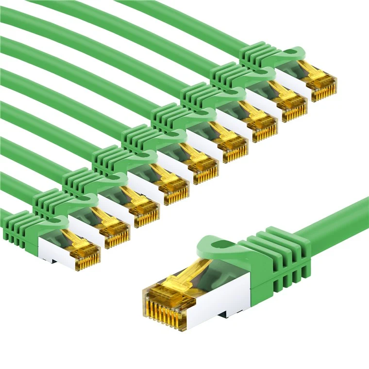 RJ45-Patchkabel CAT 6A S/FTP (PiMF), 500 MHz mit CAT 7 Rohkabel, 5 m, grün, 10er-Set