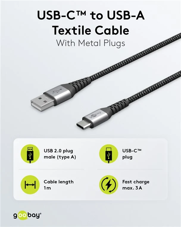 USB-C™ auf USB-A Textilkabel mit Metallsteckern (spacegrau/silber), 1 m