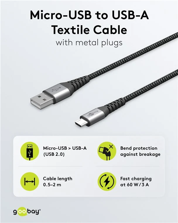 Micro-USB-auf-USB-A-Textilkabel mit Metallsteckern (spacegrau/silber), 0,5 m