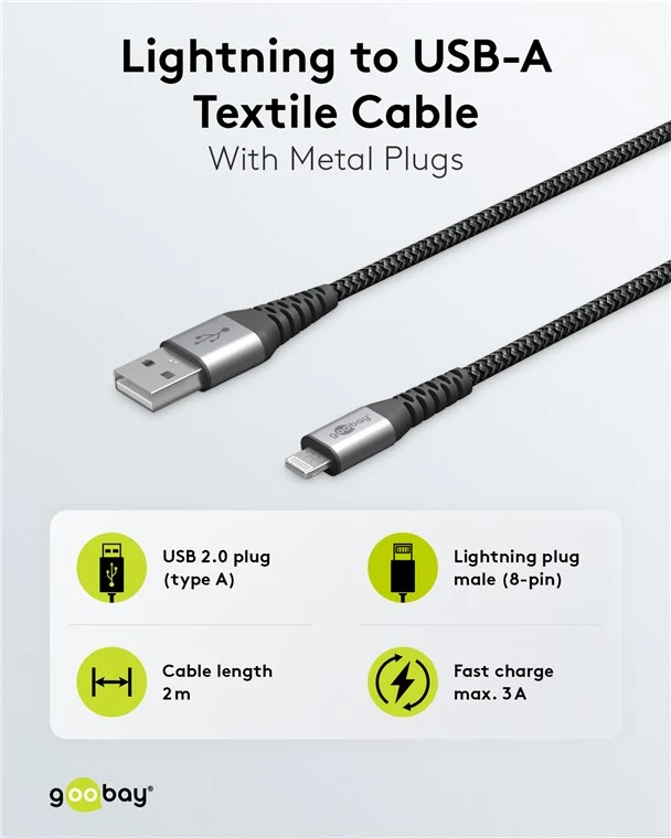 Lightning USB-A Textilkabel mit Metallsteckern, 2 m