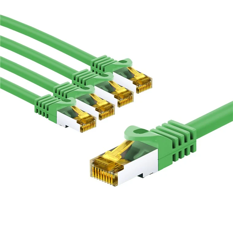 RJ45-Patchkabel CAT 6A S/FTP (PiMF), 500 MHz mit CAT 7 Rohkabel, 1 m, grün, 5er-Set