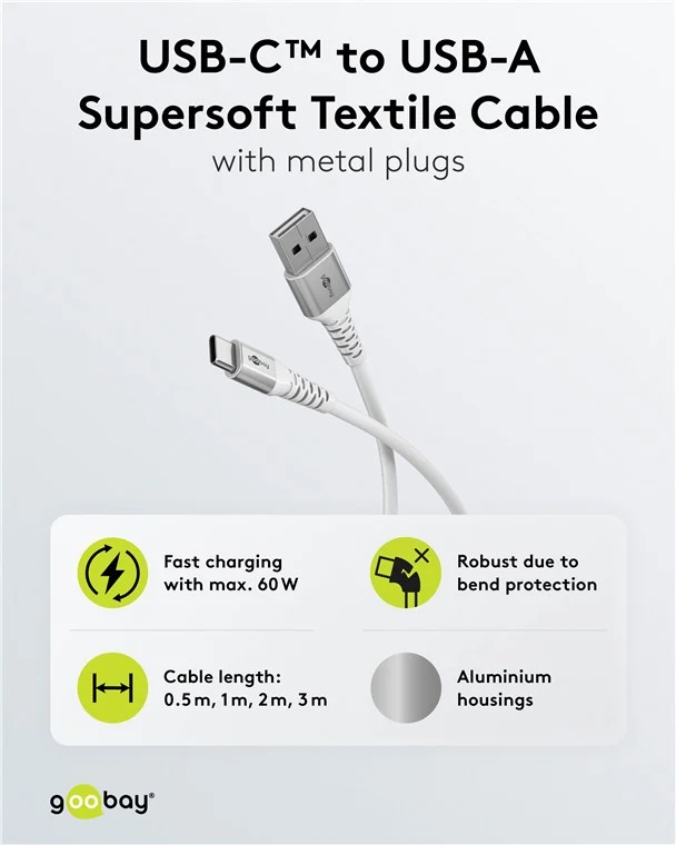 USB-C™ auf USB-A Supersoftes Textilkabel mit Metallsteckern, 0,5 m, weiß