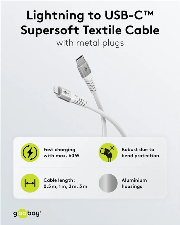 Lightning auf USB-C™ Supersoftes Textilkabel mit Metallsteckern, 3 m