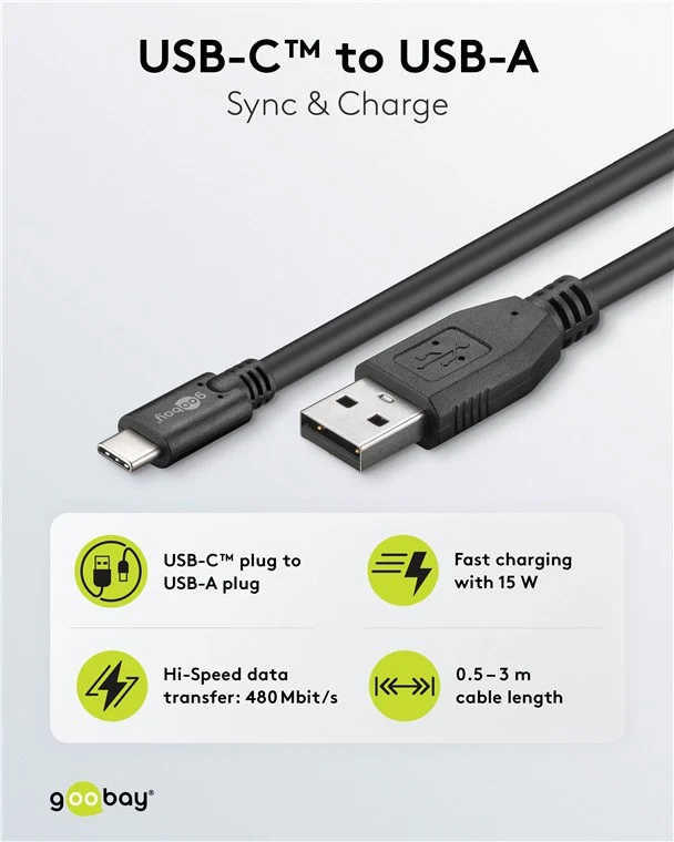 USB-C™-auf-USB-A-Kabel, 0,5 m, schwarz