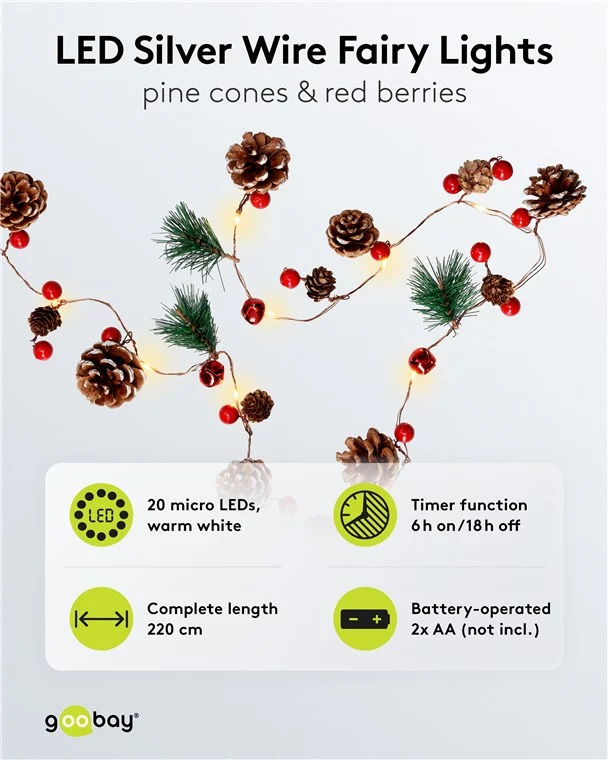 20er LED-Silberdraht-Lichterkette "Tannenzapfen & rote Beeren"