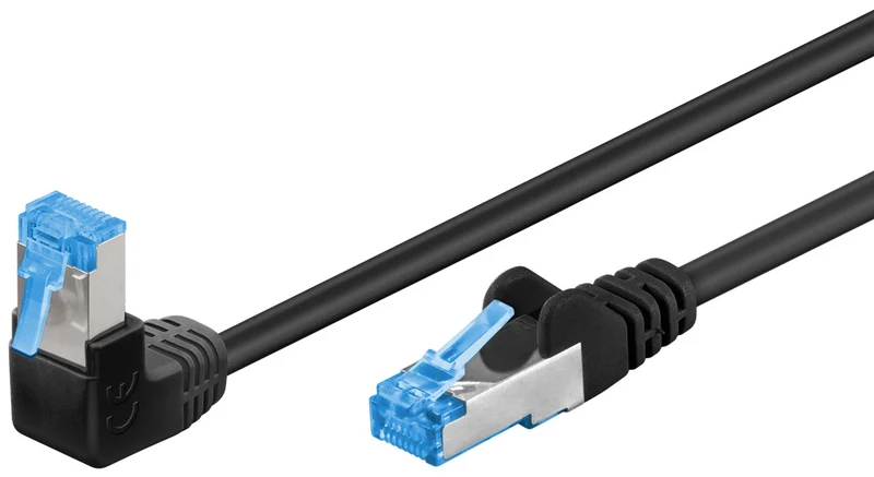CAT 6A Patchkabel 1x 90° gewinkelt, S/FTP (PiMF), schwarz, 0,5 m