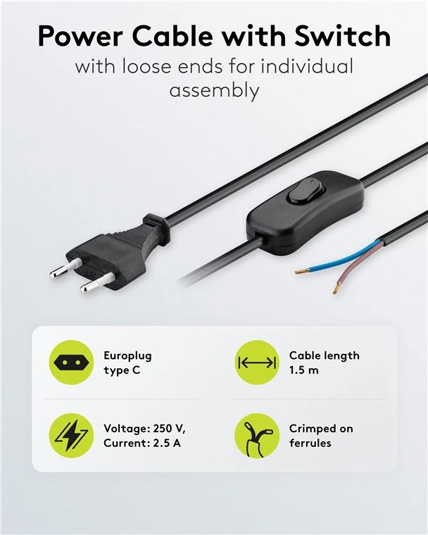 Kabel mit Eurostecker zum Konfektionieren - mit Schalter, 1,5 m, Schwarz, (2*0,75 mm²)