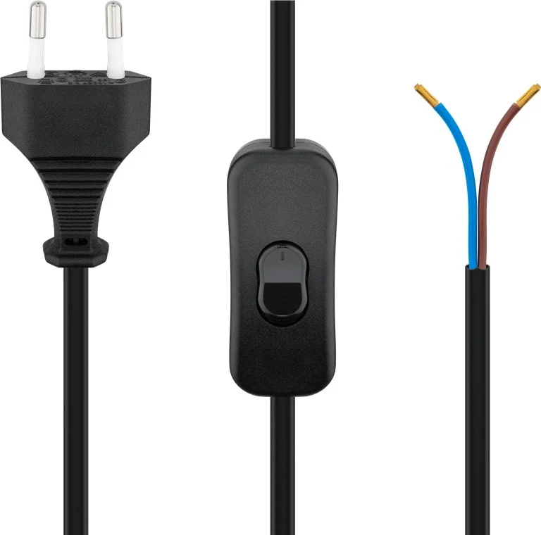 Kabel mit Eurostecker zum Konfektionieren - mit Schalter, 1,5 m, Schwarz, (2*0,75 mm²)