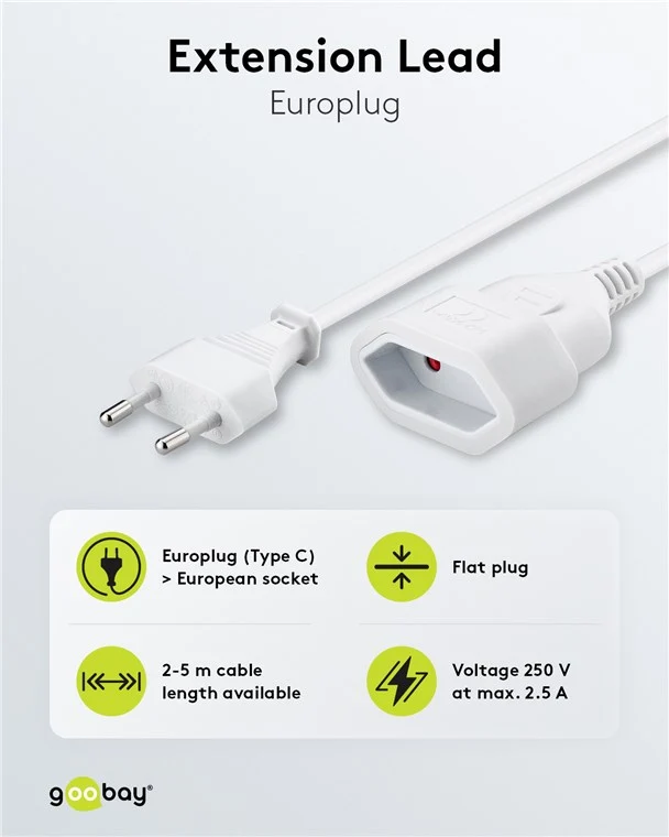 Verlängerungskabel Eurostecker, 5 m, weiß, (2*0,75 mm²)