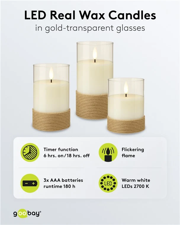 3er-Set LED-Echtwachs-Kerzen im Glas, weiß, mit Hanf umwickelt