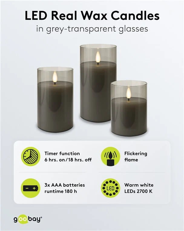 3er-Set LED-Echtwachs-Kerzen im Glas, grau-transparent