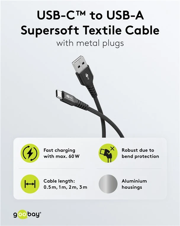 USB-C™ auf USB-A Supersoftes Textilkabel mit Metallsteckern, 0,5 m, schwarz