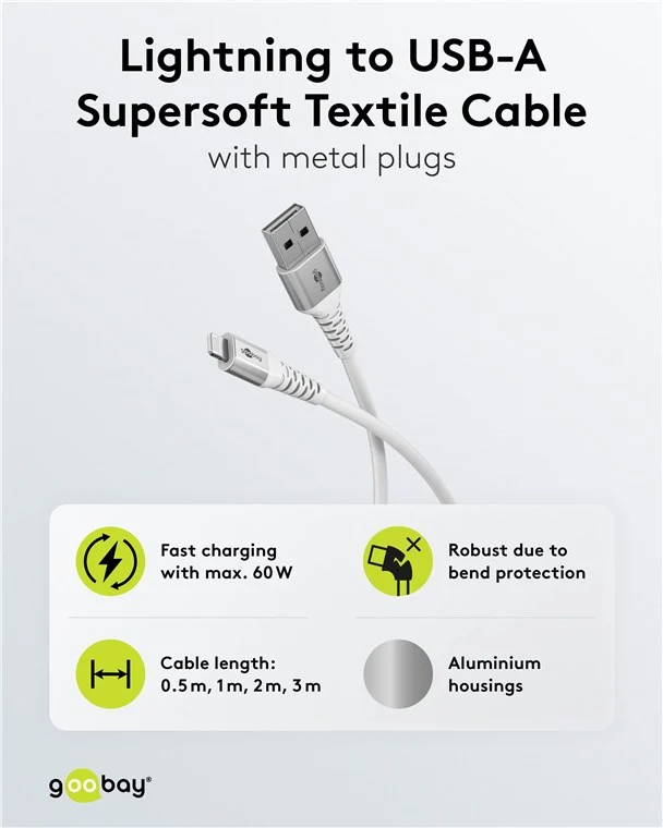 Lightning auf USB-A Supersoftes Textilkabel mit Metallsteckern, 0,5 m
