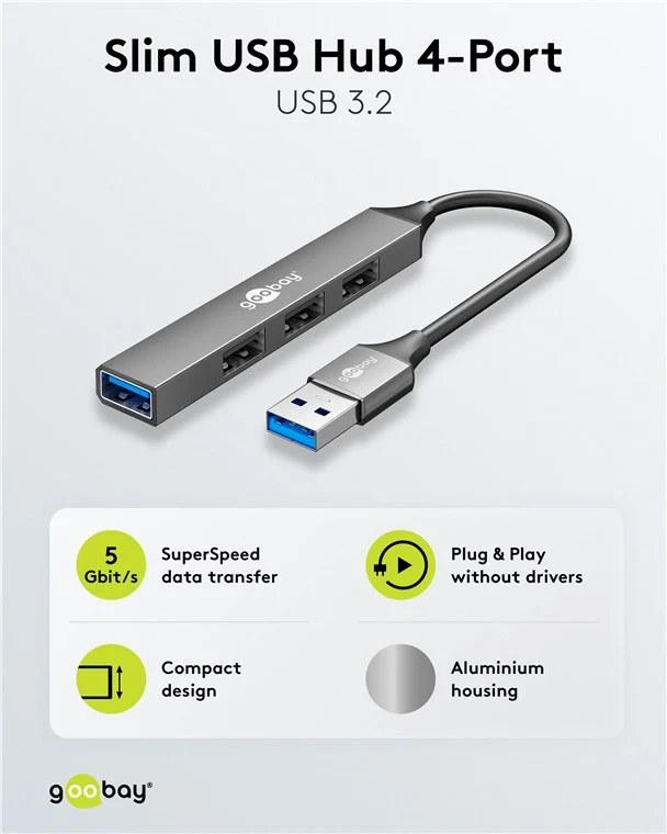 Slim 4-Port USB-Hub, USB-A auf USB-A, 5 Gbit/s