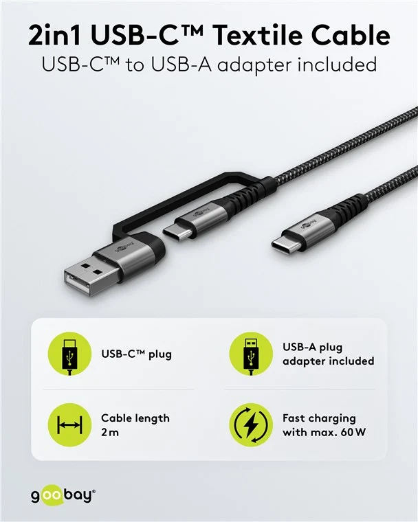 2in1 USB-Textilkabel, spacegrau/silber, 2 m