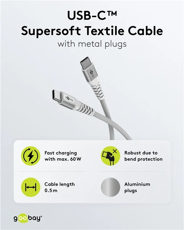 USB-C™ Supersoftes Textilkabel mit Metallsteckern, 0,5 m, weiß