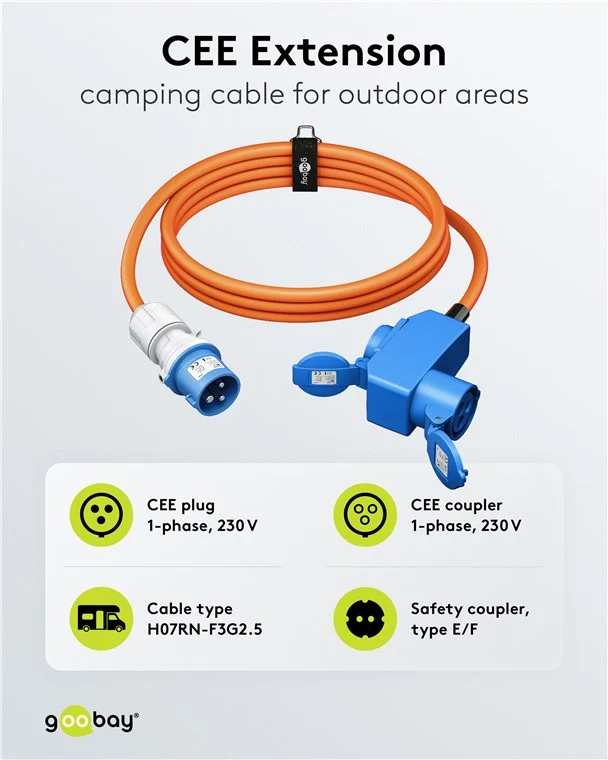 CEE-Adapterleitung, CEE-Stecker auf 90° CEE-Kupplung und Schutzkontakt-Kupplung, 1,5 m