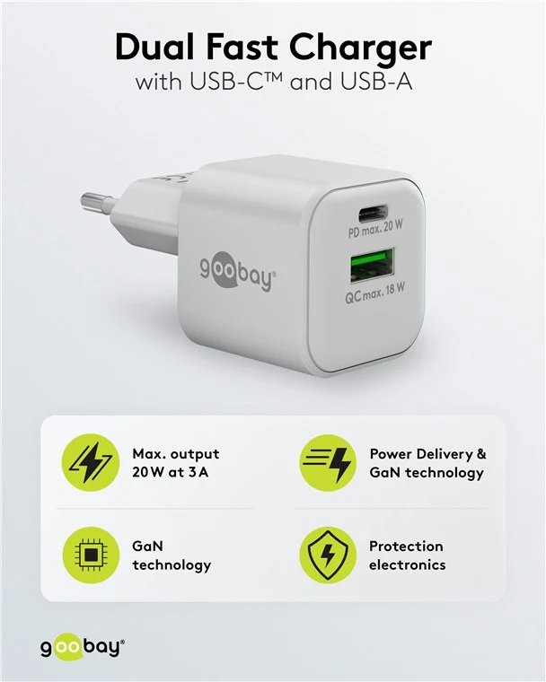 USB-C™ PD GaN Dual-Schnellladegerät Nano (20 W) weiß